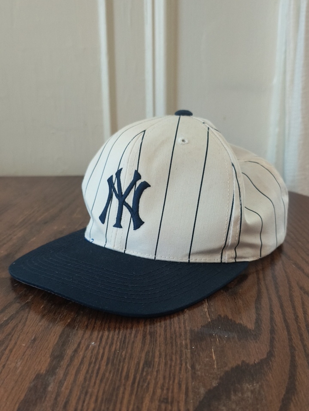 Pinstripe Baseball Cap in Cream and Navy